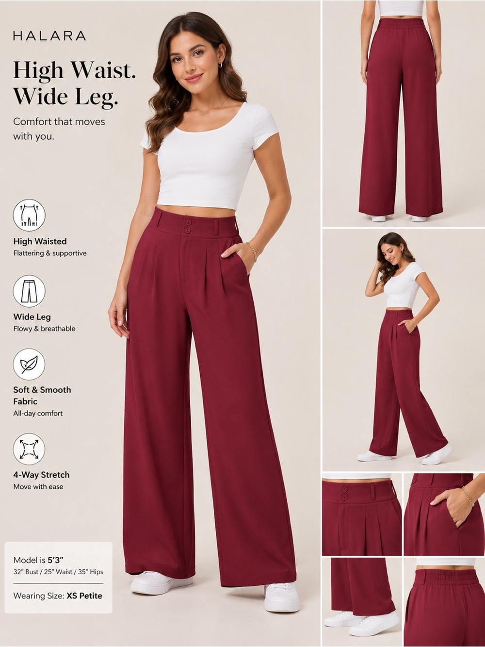 HALARA Burgundy Wide-Leg High-Waist Pants